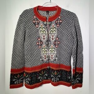 Tey-Art made in Peru Alpaca and Acrylic blend Red and Gray Patterned Cardigan